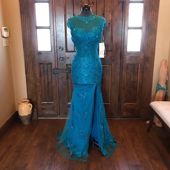 Jovani Dresses & Skirts - 🔥JOVANI Teal Blue Jewelled Lace Prom Gown! NEW!